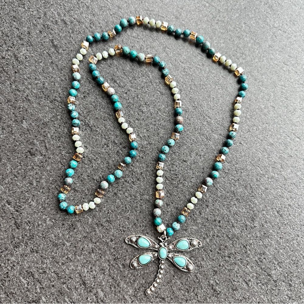 NEW Dragonfly Pendant Turquoise Silver Long Knotted Multi-color Bead Necklace